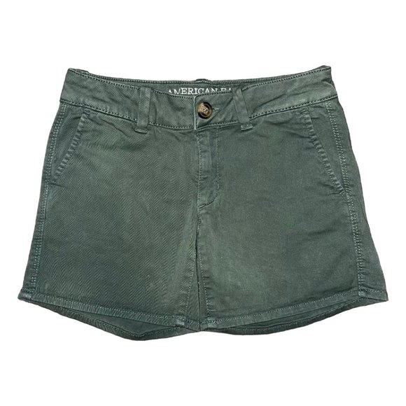 American Eagle Outfitters Pants - American Eagle Womens Midi Shorts 0 Green Chino Mid Rise Stretch Pockets Logo